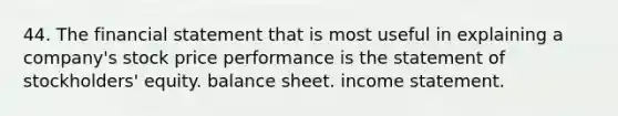 44. The financial statement that is most useful in explaining a company's stock price performance is the statement of stockholders' equity. balance sheet. income statement.