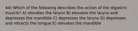 44) Which of the following describes the action of the digastric muscle? A) elevates the larynx B) elevates the larynx and depresses the mandible C) depresses the larynx D) depresses and retracts the tongue E) elevates the mandible