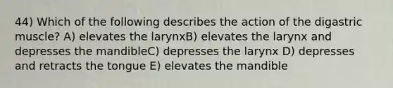 44) Which of the following describes the action of the digastric muscle? A) elevates the larynxB) elevates the larynx and depresses the mandibleC) depresses the larynx D) depresses and retracts the tongue E) elevates the mandible