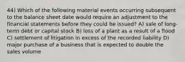 44) Which of the following material events occurring subsequent to the balance sheet date would require an adjustment to the financial statements before they could be issued? A) sale of long-term debt or capital stock B) loss of a plant as a result of a flood C) settlement of litigation in excess of the recorded liability D) major purchase of a business that is expected to double the sales volume