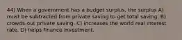 44) When a government has a budget surplus, the surplus A) must be subtracted from private saving to get total saving. B) crowds-out private saving. C) increases the world real interest rate. D) helps finance investment.