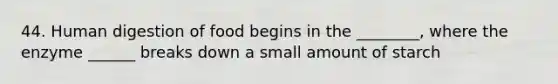 44. Human digestion of food begins in the ________, where the enzyme ______ breaks down a small amount of starch