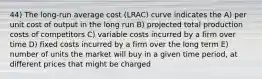 44) The long-run average cost (LRAC) curve indicates the A) per unit cost of output in the long run B) projected total production costs of competitors C) variable costs incurred by a firm over time D) fixed costs incurred by a firm over the long term E) number of units the market will buy in a given time period, at different prices that might be charged