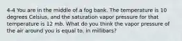 4-4 You are in the middle of a fog bank. The temperature is 10 degrees Celsius, and the saturation vapor pressure for that temperature is 12 mb. What do you think the vapor pressure of the air around you is equal to, in millibars?