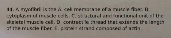 44. A myofibril is the A. cell membrane of a muscle fiber. B. cytoplasm of muscle cells. C. structural and functional unit of the skeletal muscle cell. D. contractile thread that extends the length of the muscle fiber. E. protein strand composed of actin.