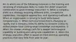 44. In which one of the following instances is the training and retraining of employees likely to make the LEAST important contribution to good strategy execution? A. When a company shifts to a strategy requiring different skills, competitive capabilities, managerial approaches, and operating methods. B. When an organization is striving to build skills-based competencies. C. When technical know-how is changing so rapidly that a company loses its ability to compete unless its skilled people have cutting-edge knowledge and expertise. D. When the chosen strategy calls for a deeper technological capability or building and using new capabilities. E. When the strategy execution effort is based on tried-and-true operating practices that vary little from year to year.