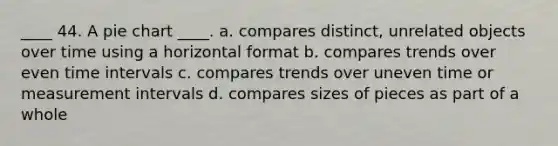 ____ 44. A pie chart ____. a. compares distinct, unrelated objects over time using a horizontal format b. compares trends over even time intervals c. compares trends over uneven time or measurement intervals d. compares sizes of pieces as part of a whole