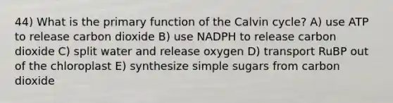 44) What is the primary function of the Calvin cycle? A) use ATP to release carbon dioxide B) use NADPH to release carbon dioxide C) split water and release oxygen D) transport RuBP out of the chloroplast E) synthesize simple sugars from carbon dioxide