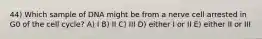 44) Which sample of DNA might be from a nerve cell arrested in G0 of the cell cycle? A) I B) II C) III D) either I or II E) either II or III