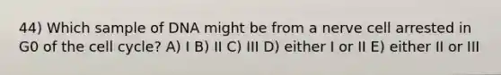 44) Which sample of DNA might be from a nerve cell arrested in G0 of the <a href='https://www.questionai.com/knowledge/keQNMM7c75-cell-cycle' class='anchor-knowledge'>cell cycle</a>? A) I B) II C) III D) either I or II E) either II or III