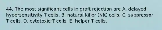 44. The most significant cells in graft rejection are A. delayed hypersensitivity T cells. B. natural killer (NK) cells. C. suppressor T cells. D. cytotoxic T cells. E. helper T cells.