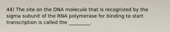 44) The site on the DNA molecule that is recognized by the sigma subunit of the RNA polymerase for binding to start transcription is called the _________.