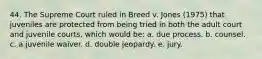 44. The Supreme Court ruled in Breed v. Jones (1975) that juveniles are protected from being tried in both the adult court and juvenile courts, which would be: a. due process. b. counsel. c. a juvenile waiver. d. double jeopardy. e. jury.