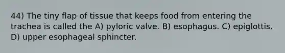 44) The tiny flap of tissue that keeps food from entering the trachea is called the A) pyloric valve. B) esophagus. C) epiglottis. D) upper esophageal sphincter.