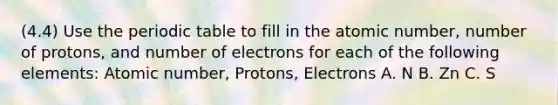 (4.4) Use the periodic table to fill in the atomic number, number of protons, and number of electrons for each of the following elements: Atomic number, Protons, Electrons A. N B. Zn C. S