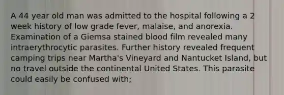 A 44 year old man was admitted to the hospital following a 2 week history of low grade fever, malaise, and anorexia. Examination of a Giemsa stained blood film revealed many intraerythrocytic parasites. Further history revealed frequent camping trips near Martha's Vineyard and Nantucket Island, but no travel outside the continental United States. This parasite could easily be confused with;