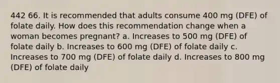 442 66. It is recommended that adults consume 400 mg (DFE) of folate daily. How does this recommendation change when a woman becomes pregnant? a. Increases to 500 mg (DFE) of folate daily b. Increases to 600 mg (DFE) of folate daily c. Increases to 700 mg (DFE) of folate daily d. Increases to 800 mg (DFE) of folate daily