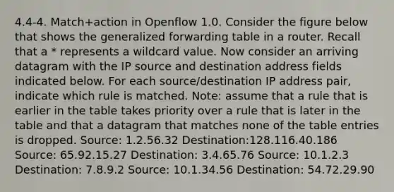 4.4-4. Match+action in Openflow 1.0. Consider the figure below that shows the generalized forwarding table in a router. Recall that a * represents a wildcard value. Now consider an arriving datagram with the IP source and destination address fields indicated below. For each source/destination IP address pair, indicate which rule is matched. Note: assume that a rule that is earlier in the table takes priority over a rule that is later in the table and that a datagram that matches none of the table entries is dropped. Source: 1.2.56.32 Destination:128.116.40.186 Source: 65.92.15.27 Destination: 3.4.65.76 Source: 10.1.2.3 Destination: 7.8.9.2 Source: 10.1.34.56 Destination: 54.72.29.90