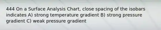 444 On a Surface Analysis Chart, close spacing of the isobars indicates A) strong temperature gradient B) strong pressure gradient C) weak pressure gradient