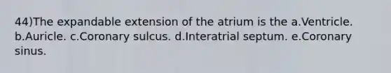 44)The expandable extension of the atrium is the a.Ventricle. b.Auricle. c.Coronary sulcus. d.Interatrial septum. e.Coronary sinus.