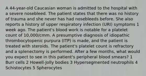 A 44-year-old Caucasian woman is admitted to the hospital with a severe nosebleed. The patient states that there was no history of trauma and she never has had nosebleeds before. She also reports a history of upper respiratory infection (URI) symptoms 1 week ago. The patient's blood work is notable for a platelet count of 10,000/cmm. A presumptive diagnosis of idiopathic thrombocytopenic purpura (ITP) is made, and the patient is treated with steroids. The patient's platelet count is refractory and a splenectomy is performed. After a few months, what would you expect to see in this patient's peripheral blood smears? 1 Burr cells 2 Howell-Jolly bodies 3 Hypersegmented neutrophils 4 Schistocytes 5 Spherocytes