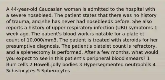 A 44-year-old Caucasian woman is admitted to the hospital with a severe nosebleed. The patient states that there was no history of trauma, and she has never had nosebleeds before. She also reports a history of upper respiratory infection (URI) symptoms 1 week ago. The patient's blood work is notable for a platelet count of 10,000/mm3. The patient is treated with steroids for her presumptive diagnosis. The patient's platelet count is refractory, and a splenectomy is performed. After a few months, what would you expect to see in this patient's peripheral blood smears? 1 Burr cells 2 Howell-Jolly bodies 3 Hypersegmented neutrophils 4 Schistocytes 5 Spherocytes