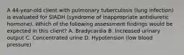 A 44-year-old client with pulmonary tuberculosis (lung infection) is evaluated for SIADH (syndrome of inappropriate antidiuretic hormone). Which of the following assessment findings would be expected in this client? A. Bradycardia B. Increased urinary output C. Concentrated urine D. Hypotension (low blood pressure)