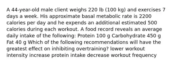 A 44-year-old male client weighs 220 lb (100 kg) and exercises 7 days a week. His approximate basal metabolic rate is 2200 calories per day and he expends an additional estimated 500 calories during each workout. A food record reveals an average daily intake of the following: Protein 100 g Carbohydrate 450 g Fat 40 g Which of the following recommendations will have the greatest effect on inhibiting overtraining? lower workout intensity increase protein intake decrease workout frequency