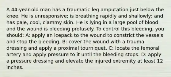 A 44-year-old man has a traumatic leg amputation just below the knee. He is unresponsive; is breathing rapidly and shallowly; and has pale, cool, clammy skin. He is lying in a large pool of blood and the wound is bleeding profusely. To control this bleeding, you should: A: apply an icepack to the wound to constrict the vessels and stop the bleeding. B: cover the wound with a trauma dressing and apply a proximal tourniquet. C: locate the femoral artery and apply pressure to it until the bleeding stops. D: apply a pressure dressing and elevate the injured extremity at least 12 inches.