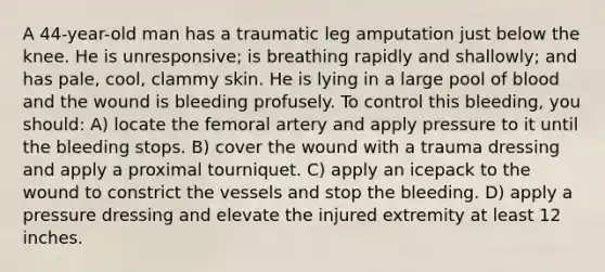 A 44-year-old man has a traumatic leg amputation just below the knee. He is unresponsive; is breathing rapidly and shallowly; and has pale, cool, clammy skin. He is lying in a large pool of blood and the wound is bleeding profusely. To control this bleeding, you should: A) locate the femoral artery and apply pressure to it until the bleeding stops. B) cover the wound with a trauma dressing and apply a proximal tourniquet. C) apply an icepack to the wound to constrict the vessels and stop the bleeding. D) apply a pressure dressing and elevate the injured extremity at least 12 inches.