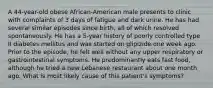 A 44-year-old obese African-American male presents to clinic with complaints of 3 days of fatigue and dark urine. He has had several similar episodes since birth, all of which resolved spontaneously. He has a 5-year history of poorly controlled type II diabetes mellitus and was started on glipizide one week ago. Prior to the episode, he felt well without any upper respiratory or gastrointestinal symptoms. He predominantly eats fast food, although he tried a new Lebanese restaurant about one month ago. What is most likely cause of this patient's symptoms?