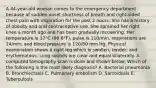 A 44-year-old woman comes to the emergency department because of sudden onset shortness of breath and right-sided chest pain with inspiration for the past 2 hours. She has a history of obesity and oral contraceptive use. She sprained her right knee a month ago and has been gradually recovering. Her temperature is 37°C (98.6°F), pulse is 110/min, respirations are 24/min, and blood pressure is 120/80 mm Hg. Physical examination shows a right leg which is swollen, tender, and erythematous. Lung sounds are clear and equal bilaterally. A computed tomography scan is done and shown below: Which of the following is the most likely diagnosis? A. Bacterial pneumonia B. Bronchiectasis C. Pulmonary embolism D. Sarcoidosis E. Tuberculosis