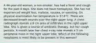 A 44-year-old woman, a non-smoker, has had a fever and cough for the past 4 days. She does not have hemoptysis. She has not experienced weight loss, malaise, nausea, or vomiting. On physical examination her temperature is 37.6°C. There are decreased breath sounds over the right upper lung. A chest radiograph reveals a 6 cm area of infiltrates in the right upper lobe. She is given a course of antibiotic therapy, but her cough persists. A month later her chest x-ray now reveals a 3 cm peripheral mass in the right upper lobe. Which of the following neoplasms is most likely to be present in this woman?