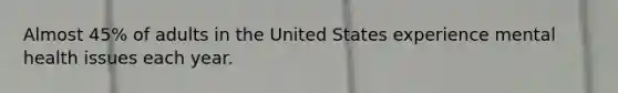 Almost 45% of adults in the United States experience mental health issues each year.