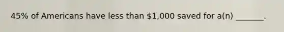 45% of Americans have less than 1,000 saved for a(n) _______.