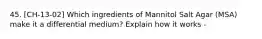 45. [CH-13-02] Which ingredients of Mannitol Salt Agar (MSA) make it a differential medium? Explain how it works -