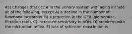 45) Changes that occur in the urinary system with aging include all of the following, except A) a decline in the number of functional nephrons. B) a reduction in the GFR (glomerular filtration rate). C) increased sensitivity to ADH. D) problems with the micturition reflex. E) loss of sphincter muscle tonus