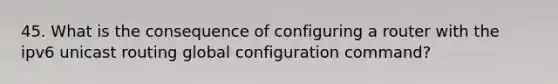 45. What is the consequence of configuring a router with the ipv6 unicast routing global configuration command?