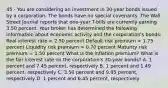 45 - You are considering an investment in 30-year bonds issued by a corporation. The bonds have no special covenants. The Wall Street Journal reports that one-year T-bills are currently earning 3.50 percent. Your broker has determined the following information about economic activity and the corporation's bonds: Real interest rate = 2.50 percent Default risk premium = 1.75 percent Liquidity risk premium = 0.70 percent Maturity risk premium = 1.50 percent What is the inflation premium? What is the fair interest rate on the corporation's 30-year bonds? A. 1 percent and 7.45 percent, respectively B. 1 percent and 1.49 percent, respectively C. 3.50 percent and 9.95 percent, respectively D. 1 percent and 6.45 percent, respectively