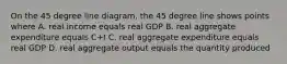 On the 45 degree line diagram, the 45 degree line shows points where A. real income equals real GDP B. real aggregate expenditure equals C+I C. real aggregate expenditure equals real GDP D. real aggregate output equals the quantity produced