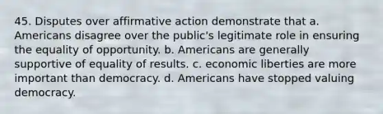 45. Disputes over affirmative action demonstrate that a. Americans disagree over the public's legitimate role in ensuring the equality of opportunity. b. Americans are generally supportive of equality of results. c. economic liberties are more important than democracy. d. Americans have stopped valuing democracy.