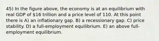 45) In the figure above, the economy is at an equilibrium with real GDP of 16 trillion and a price level of 110. At this point there is A) an inflationary gap. B) a recessionary gap. C) price stability. D) a full-employment equilibrium. E) an above full-employment equilibrium.