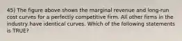 45) The figure above shows the marginal revenue and long-run cost curves for a perfectly competitive firm. All other firms in the industry have identical curves. Which of the following statements is TRUE?