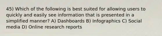 45) Which of the following is best suited for allowing users to quickly and easily see information that is presented in a simplified manner? A) Dashboards B) Infographics C) Social media D) Online research reports