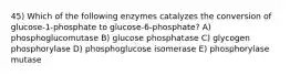 45) Which of the following enzymes catalyzes the conversion of glucose-1-phosphate to glucose-6-phosphate? A) phosphoglucomutase B) glucose phosphatase C) glycogen phosphorylase D) phosphoglucose isomerase E) phosphorylase mutase