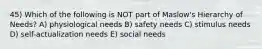 45) Which of the following is NOT part of Maslow's Hierarchy of Needs? A) physiological needs B) safety needs C) stimulus needs D) self-actualization needs E) social needs