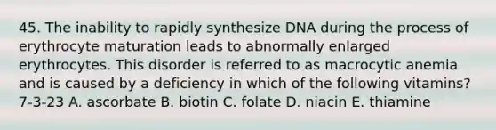 45. The inability to rapidly synthesize DNA during the process of erythrocyte maturation leads to abnormally enlarged erythrocytes. This disorder is referred to as macrocytic anemia and is caused by a deficiency in which of the following vitamins? 7-3-23 A. ascorbate B. biotin C. folate D. niacin E. thiamine