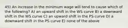 45) An increase in the minimum wage will tend to cause which of the following? A) an upward shift in the WS curve B) a downward shift in the WS curve C) an upward shift in the PS curve D) a downward shift in the PS curve E) none of the above