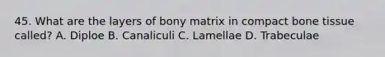 45. What are the layers of bony matrix in compact bone tissue called? A. Diploe B. Canaliculi C. Lamellae D. Trabeculae