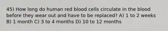 45) How long do human red blood cells circulate in the blood before they wear out and have to be replaced? A) 1 to 2 weeks B) 1 month C) 3 to 4 months D) 10 to 12 months